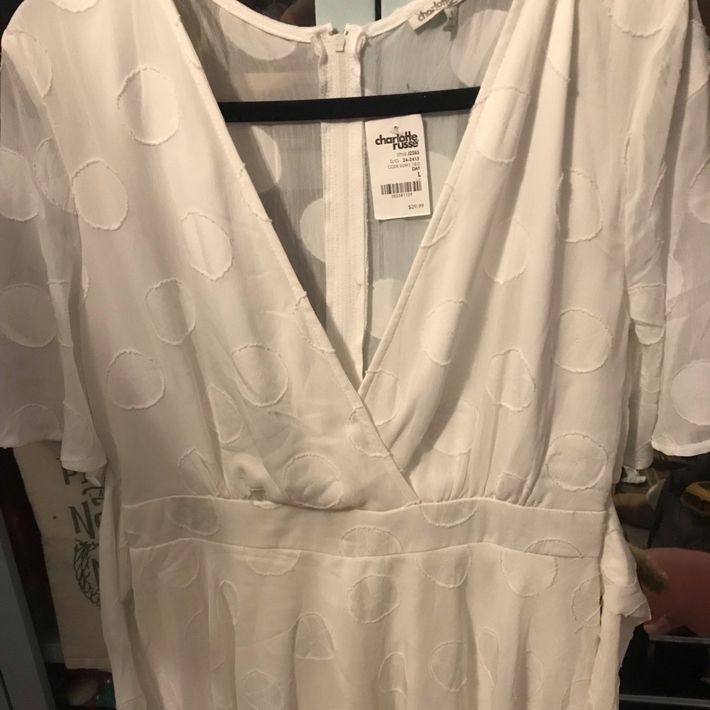 Charlotte Russe white polka dot v neck flounce romper dress